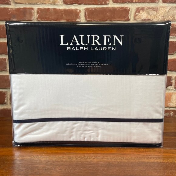 Ralph Lauren Spencer Border Sateen KING Duvet Cover WHITE NAVY - Picture 1 of 8